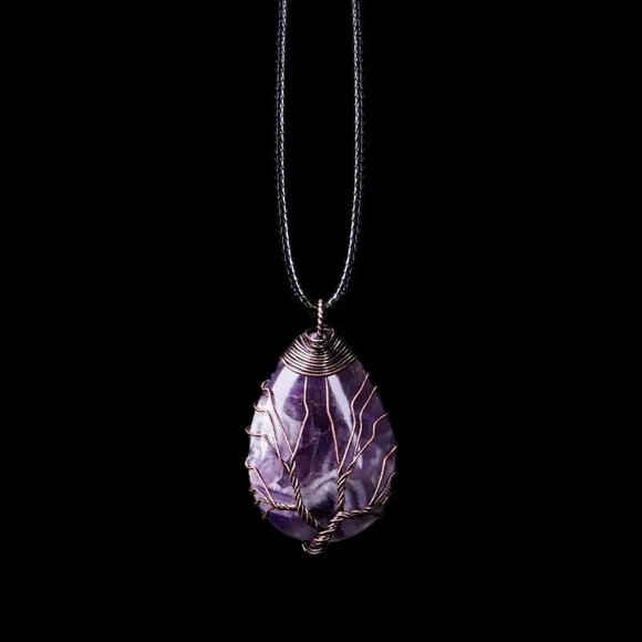 Amethyst Natural Gemstone Tree Of Life Copper Wire Wrap Pendant Necklace - Picture 2 of 2
